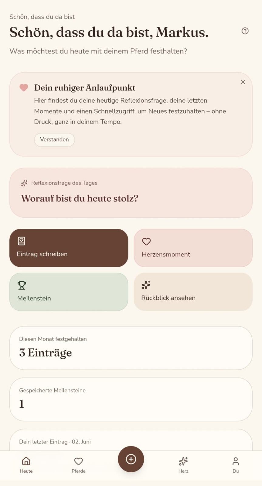 App-Screen mit der Begrüßung und den Aktionskarten im PferdeHerz Journal
