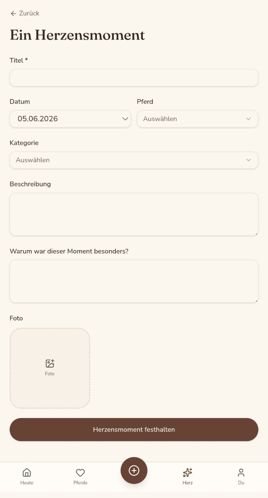 App-Screen zum Festhalten eines Herzensmoments mit Foto und Gefühl
